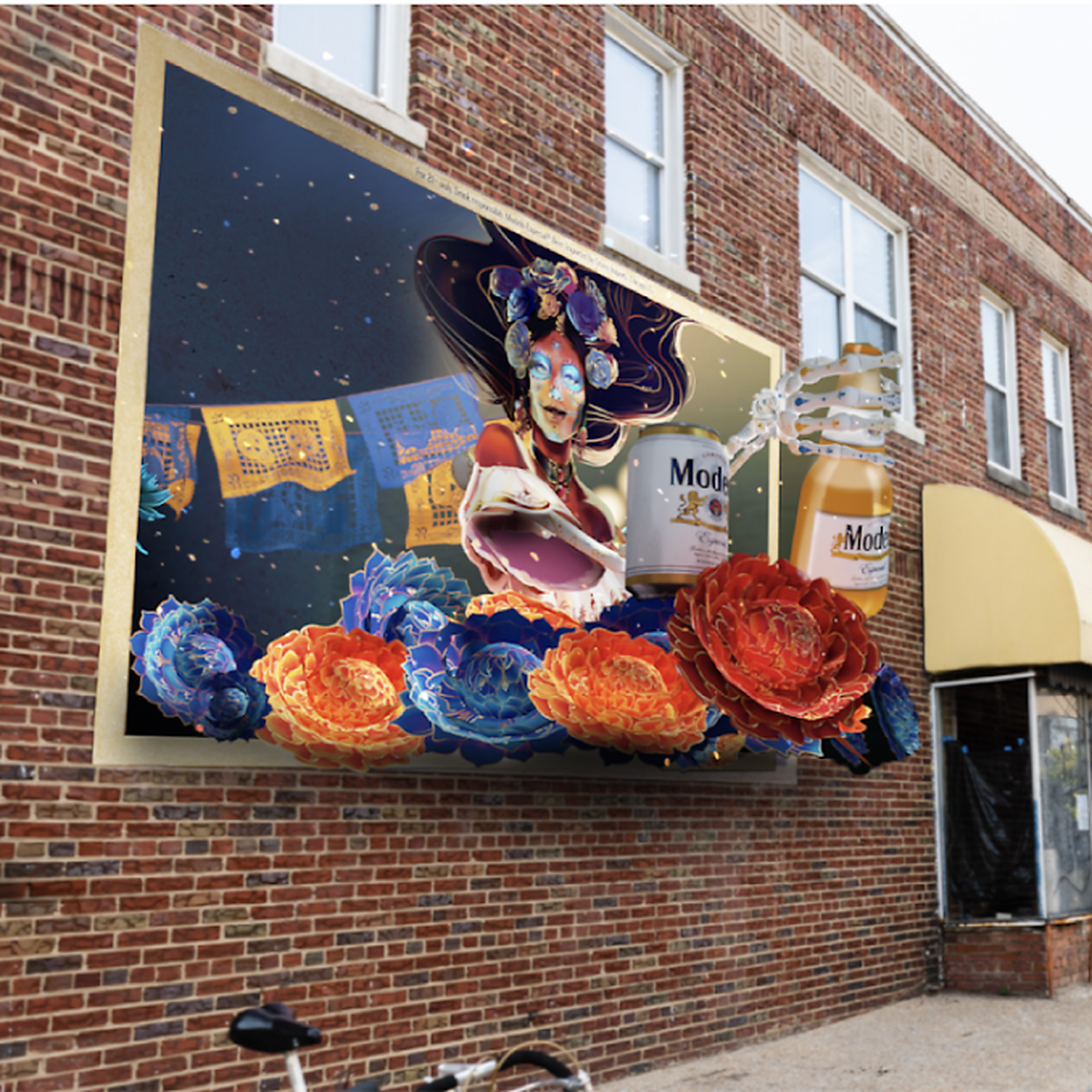 Augmented reality content extending a mural in a real tourism destination